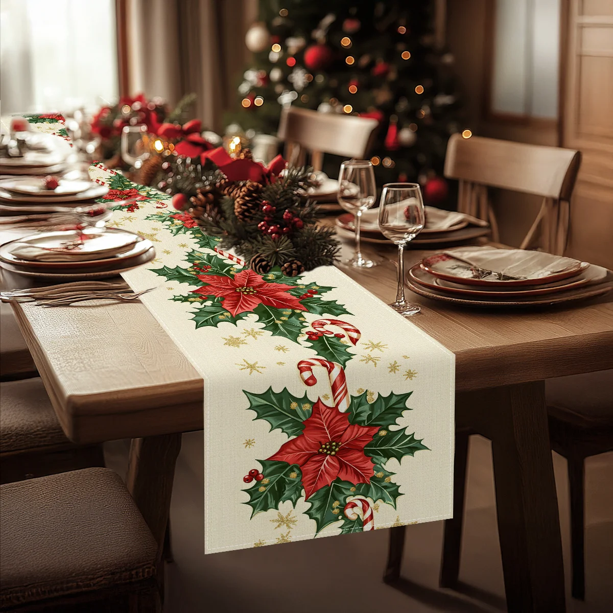 Christmas Poinsettias Holly Snowflake Table Runner Party Decor Winter Xmas Kitchen Dining Table Runner Christmas Decorations
