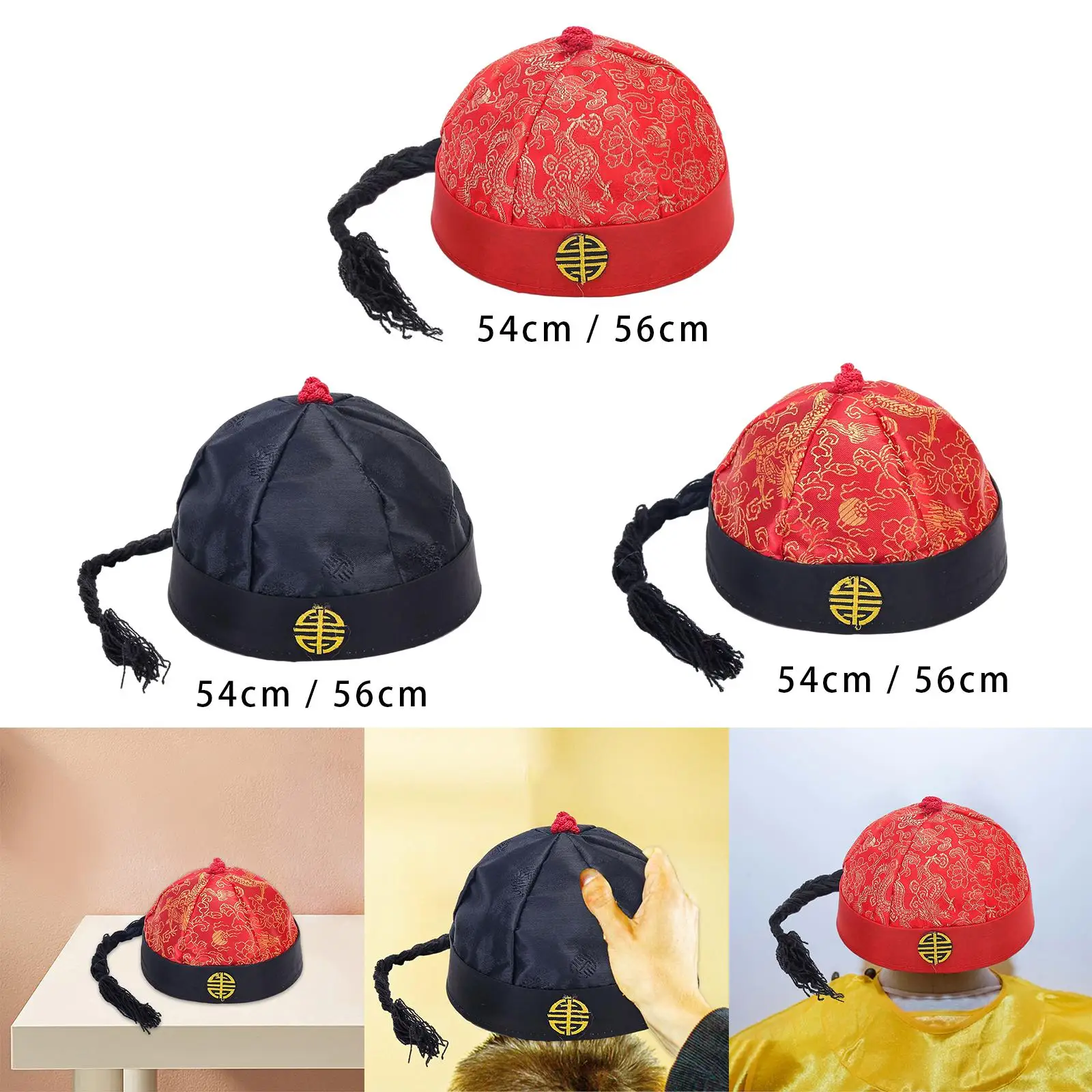 Chinese Oriental Hat with Ponytail Decorative Landlord Cap Role Play Party