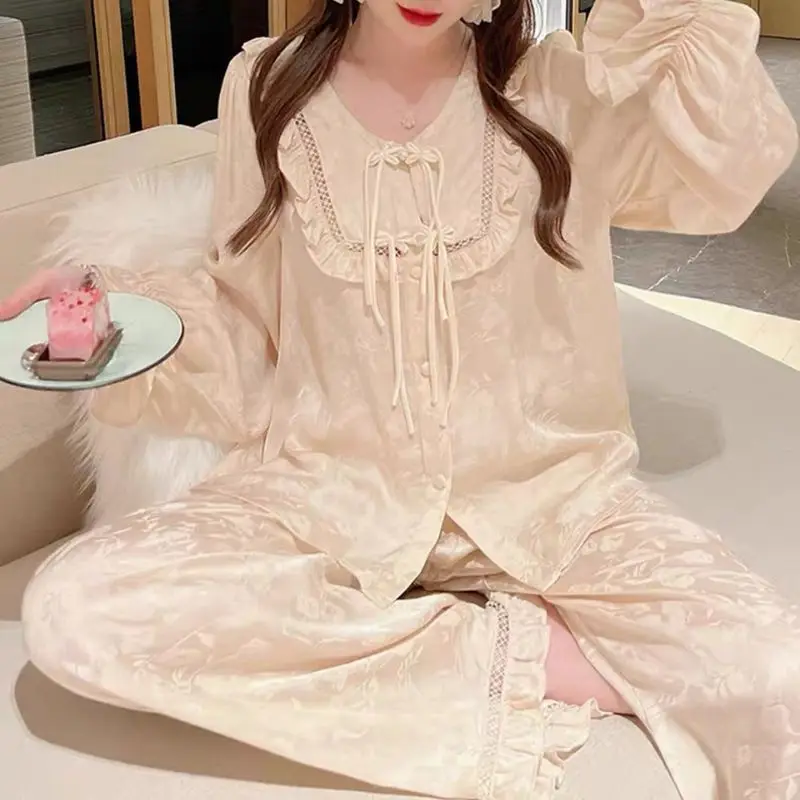 2023 Women\'s 2 Piece Silk Satin Pajamas Print Pijamas Lapel Sleepwear Long Sleeves Female Pyjama Femme Fashion Leisure Homewear