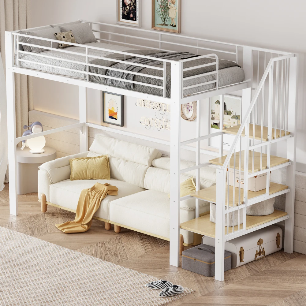 Stabiles Hochbett aus Metall, 90 x 200 cm/140 x 200 cm, mit geräumigem Stauraum unter dem Bett und Treppe für Kinder und Erwachsene, Bettgestelle und -gestelle – Detail 3