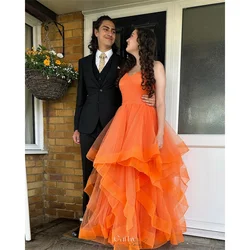 Cathy Orange Multi-Layered Spaghetti Strap Party Dresses Mesh Fabric vestidos de noiva Ankle-Length Prom Evening Dresses 2024