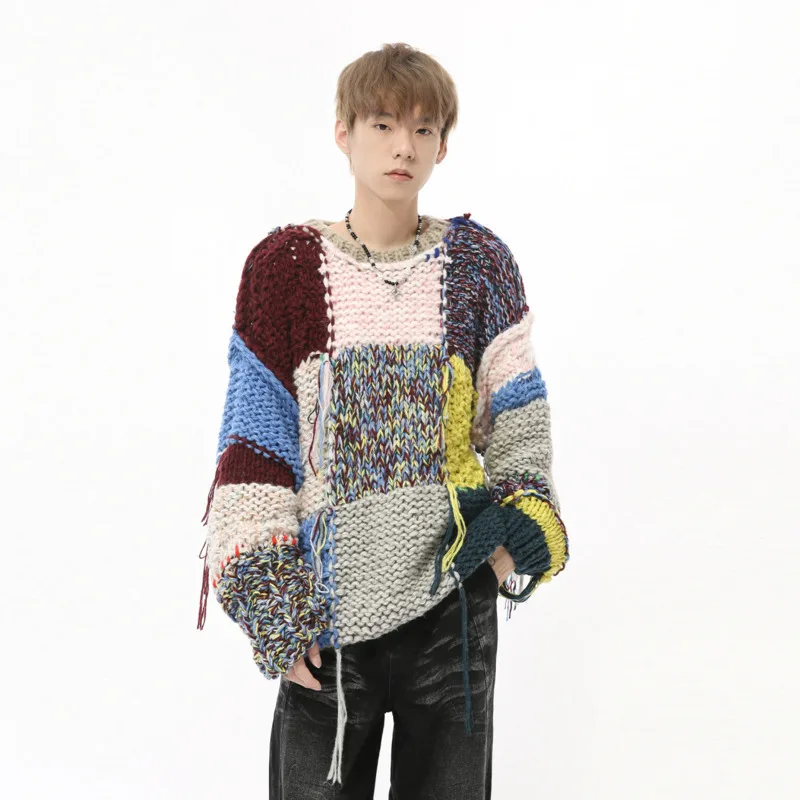 SYUHGFA Round Neck Sweater Contract Color Tassels Long Sleeve Pullover Knitting Male Top Thickening Winter 2024 Fashion Men's