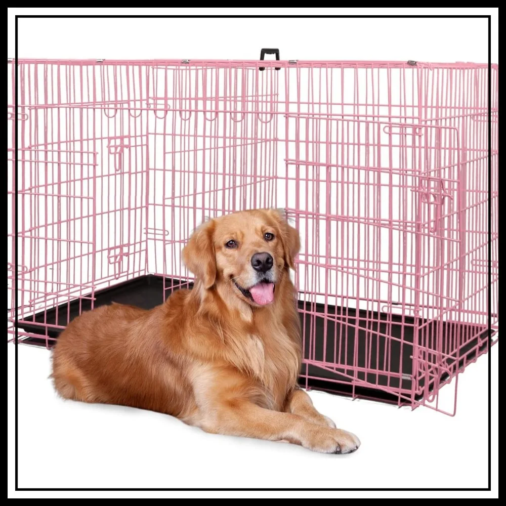 

48" Pink Foldable Metal Dog Crate with Double Doors, Secure Slide-Bolt Latches, Leakproof Tray - Portable Kennel for Large Breeds, Travel & Indoor/Outdoor Use