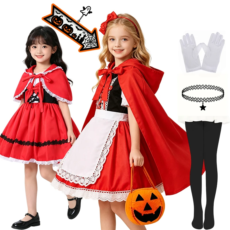 Halloween Party Fancy For Little Girls Storybook Role Play Dress With Treat Bag Stockings Hand Gloves Photo Prop Accessories