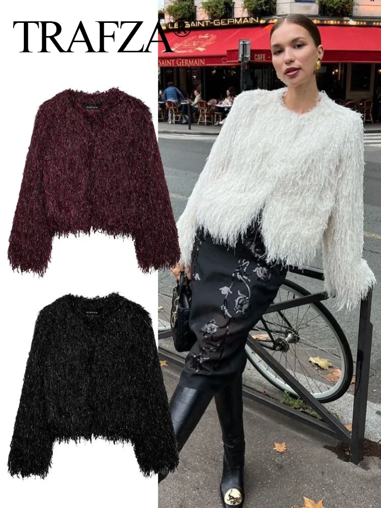 TRAFZA 2024 Vintage Women Faux Fur Fluffy Coat Loose Long Sleeves Round Neck Plush Casual Outwear Lady Warm Slim Short Overcoat