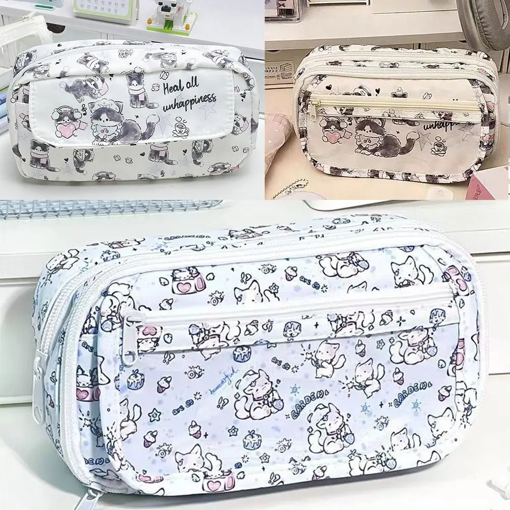 Cartoon Cute Cat Pen Bag Large Capacity Dirt-proof Pencil Case Three-layer Pencil Box Students