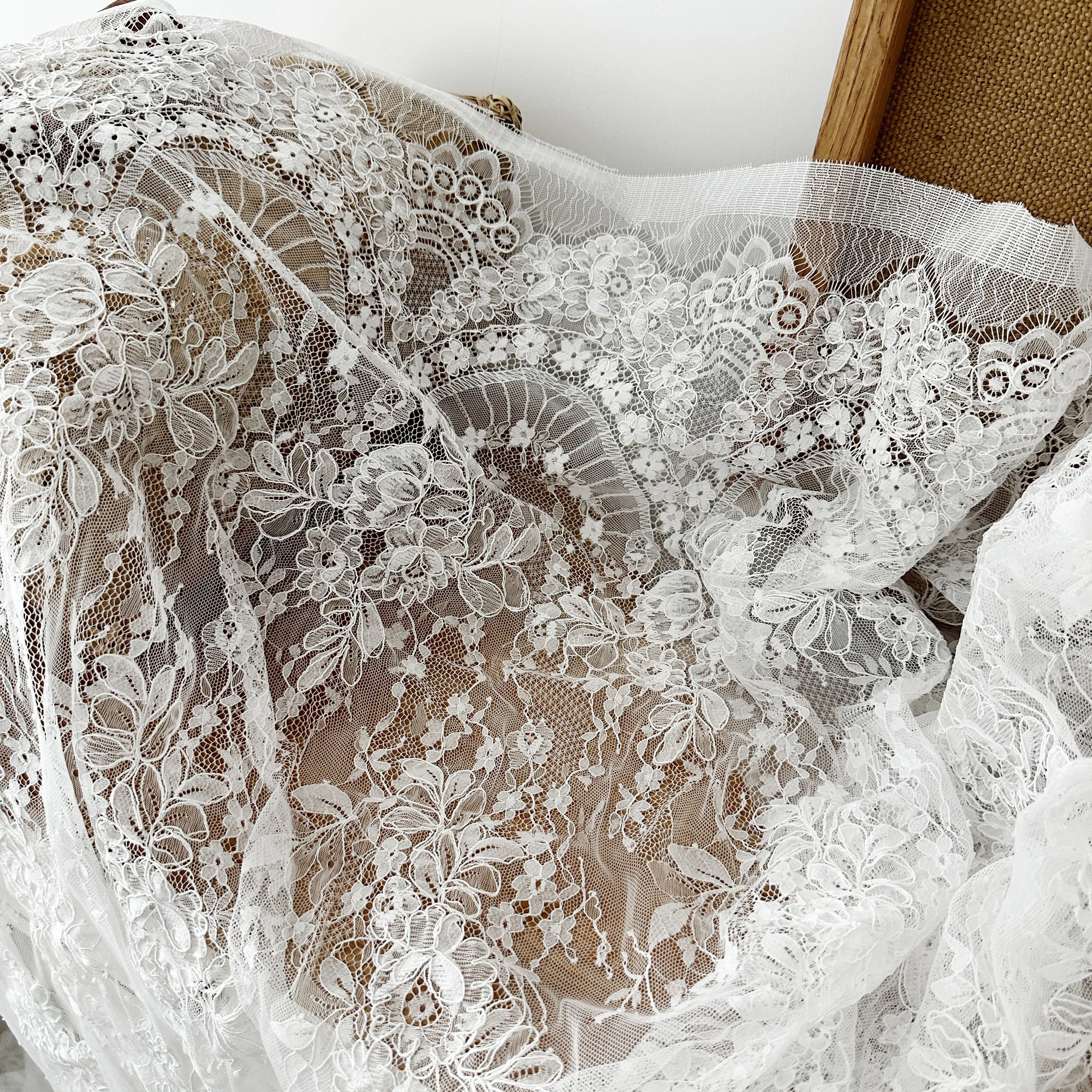 French hand cord alencon lace fabric trim for wedding shrugs, bridal gown, lace top overlay 3 Meters 150cm Wide