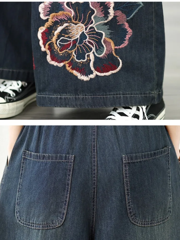 Damskie spodnie jeansowe oversize na jesień, z kwiatowym haftem, modne, luźne, z szerokimi nogawkami, elastyczna talia.
