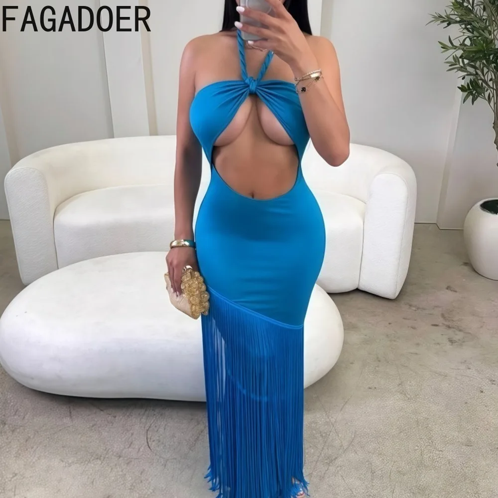 Fagadoer sexy borla oco-para fora retalhos bodycon vestidos longos feminino halter sem costas vestido feminino streetwear vestidos 2025 novo