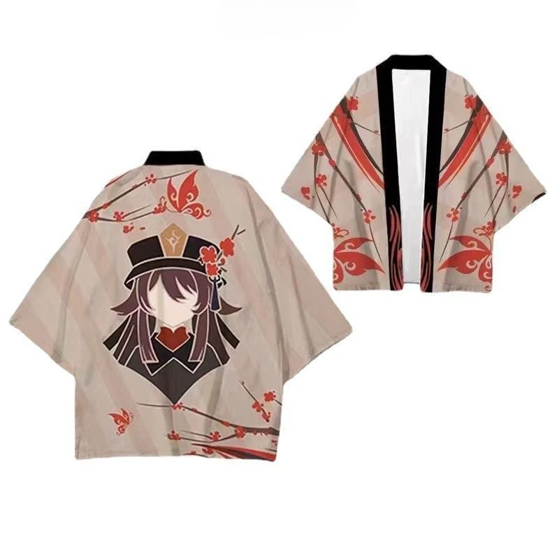 ثوب الكيمونو الياباني هاوري يوكاتا Zhongli تأثيري النساء/الرجال موضة الصيف قصيرة الأكمام معطف فوقي قمصان الشارع الشهير