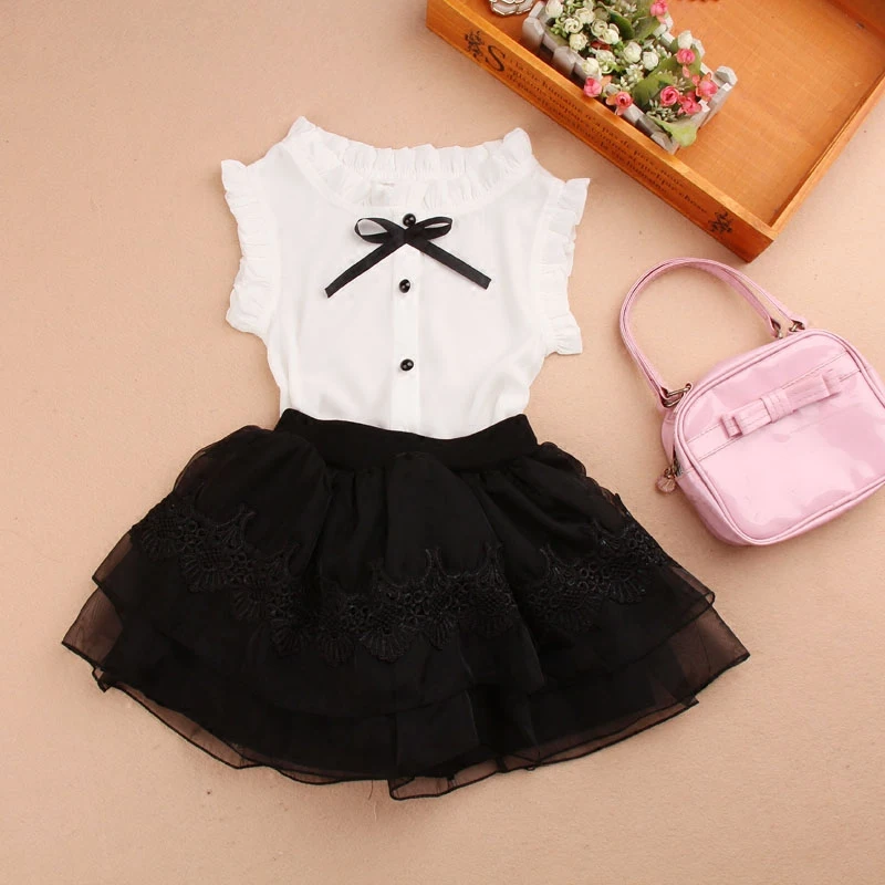 Summer Girls Clothes Casual Chiffon Sleeveless Blouse for Big Kids Korean Teenage Turn-down Collar White Shirts Black Bow Tops