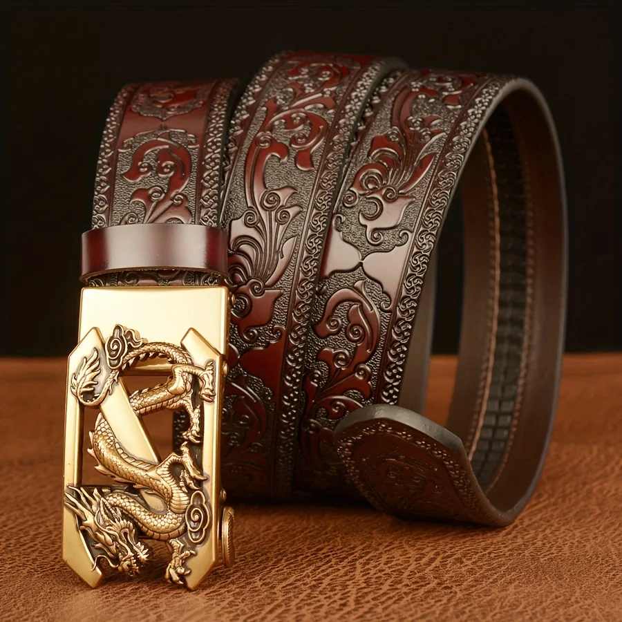 Men' Vintage Automatic Buckle Belt Genuine Leather with Golden-Tone Dragon & Floral Embossed Design Black Casual Belt for Jeans