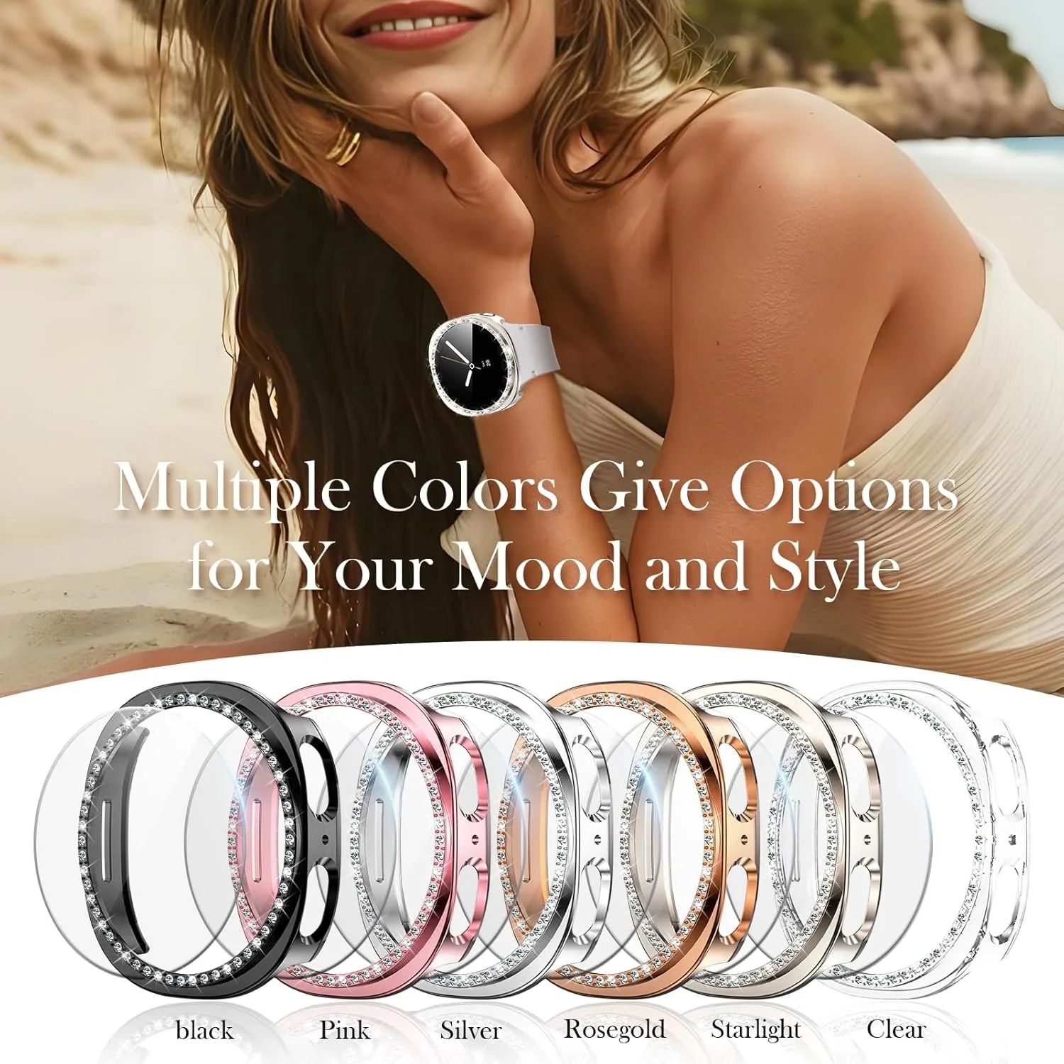 For Samsung Galaxy Watch 8 40/44mm, Elegant and Shiny Rhinestone Hollow Out Watch Case and High-Definition Tempered Film Set image 6