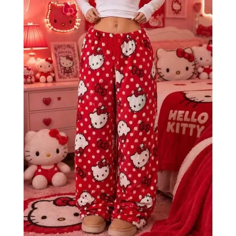 Cute Hello Kitty Pink Flannel Pajama Pants Wide Leg Elastic Waist Soft Fleece Sleepwear Womens Home Trousers Kawaii Gift
