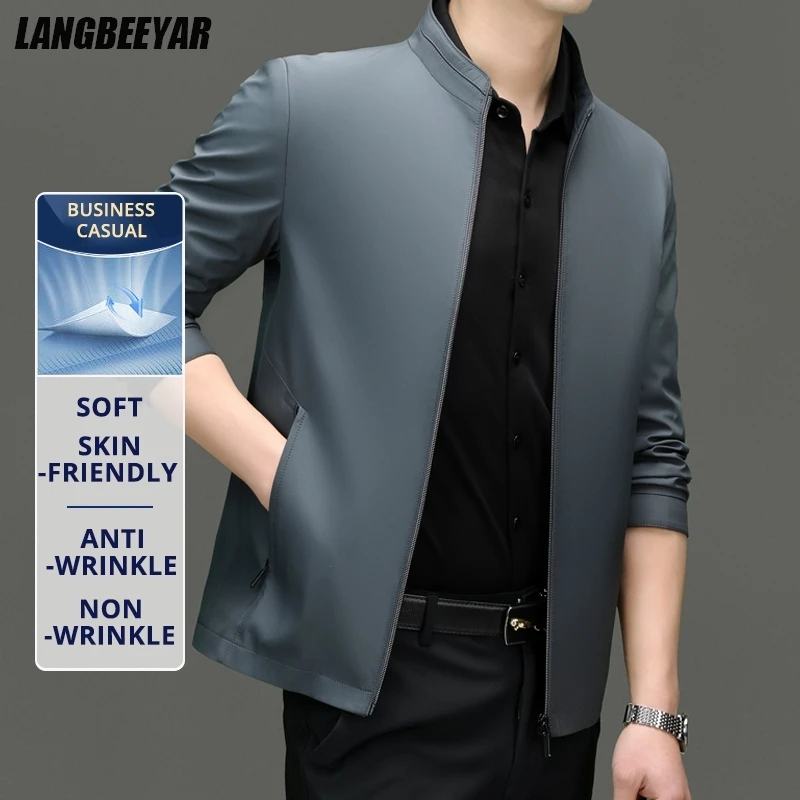

Top Grade Anti Wrinkle New Men Loose Brand Stand Collar Business Casual Blazer Jacket Mature Middle Aged Executive Coats