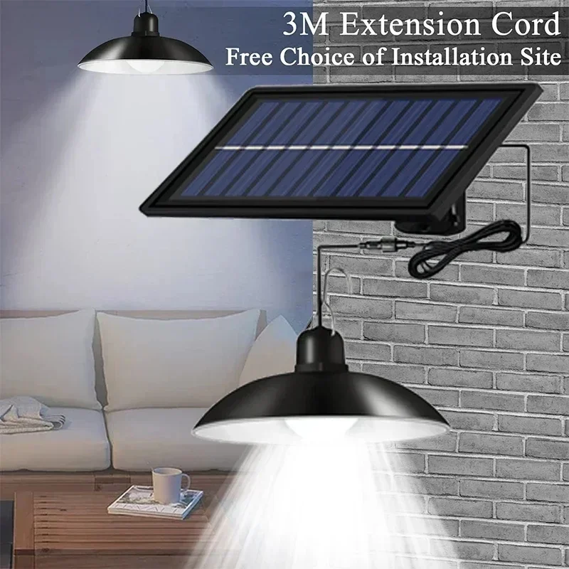 Double Head Solar Pendant Light Outdoor Indoor Split Solar Shed Lights Remote Timer 3M Power Cord Courtyard Garden LED Spotlight