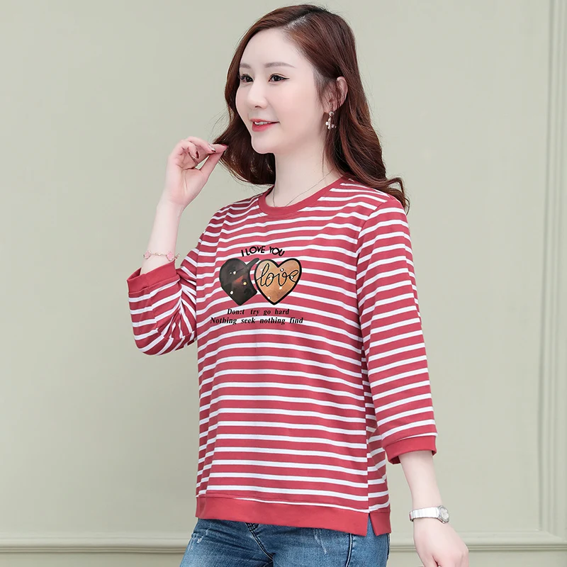 

AliExpress 2025 spring and summer new large-size middle-aged mother's 7-quarter sleeve T-shirt Korean loose striped slim top