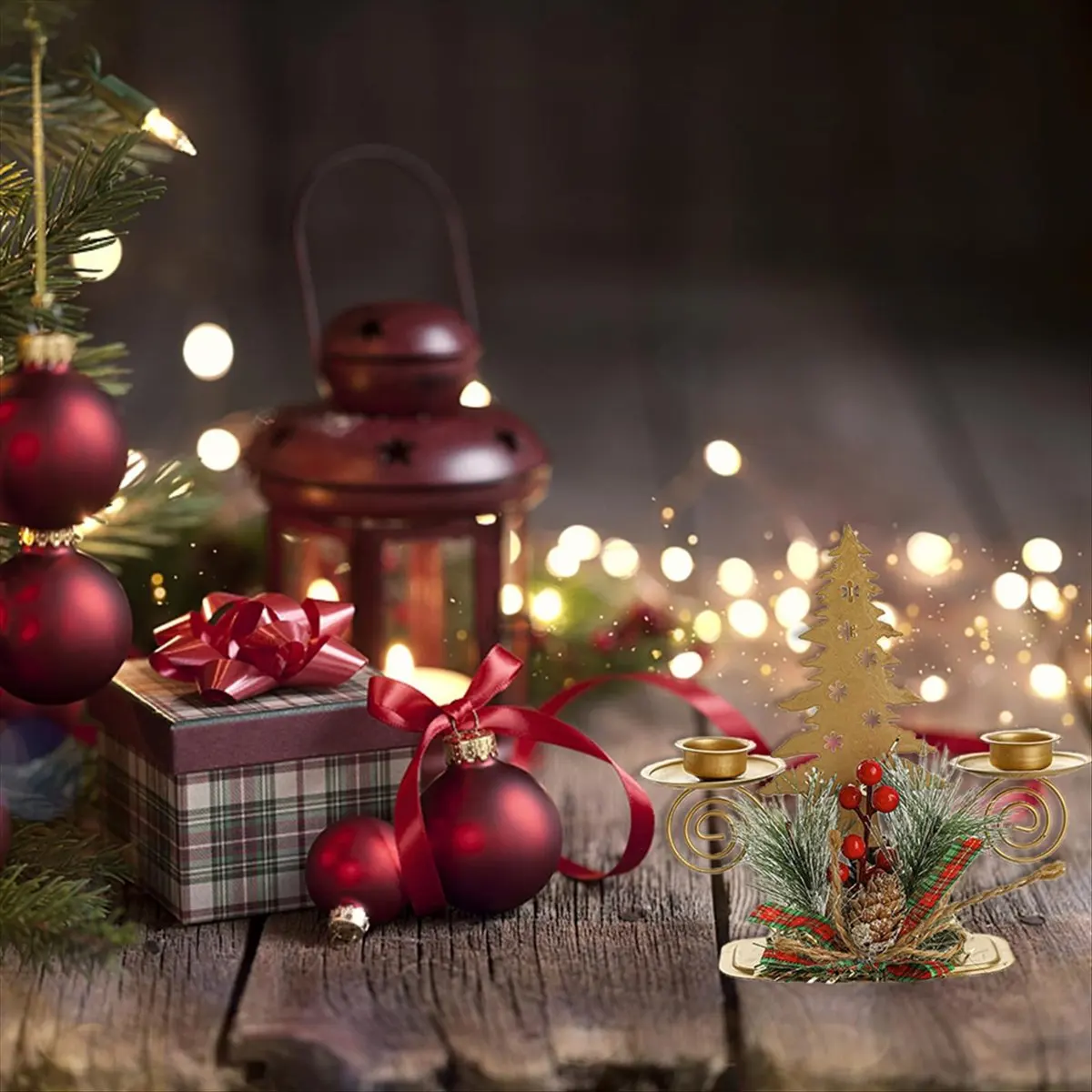 AT54 2PCS Gold Christmas Tree Pillar Candle Holder with Berry & Pine Nut Candle Holder for Holiday Desktop Decor Metal Decor
