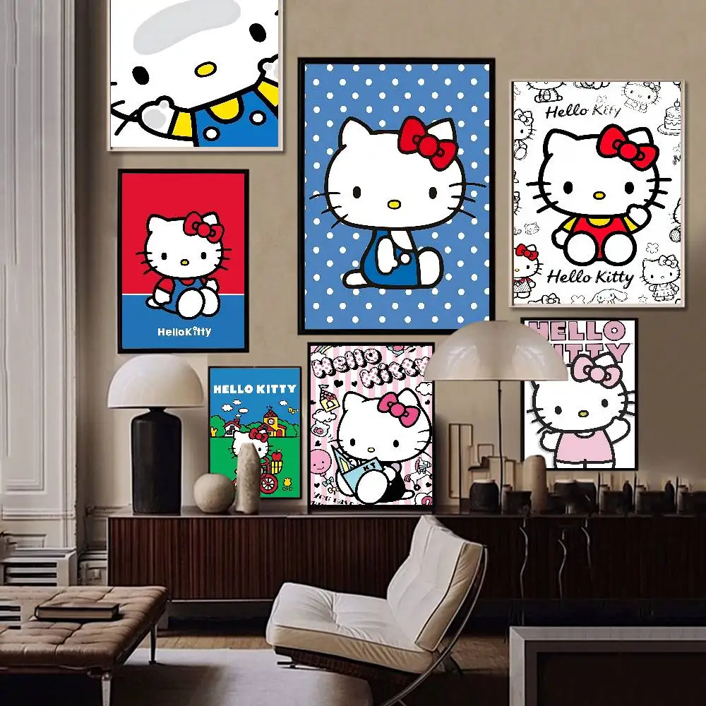 Cute Cat H-Hello Cartoon K-KittyS Self-adhesive Art Poster Fancy Wall Sticker for Living Room Bar Decoration Decorative Painting