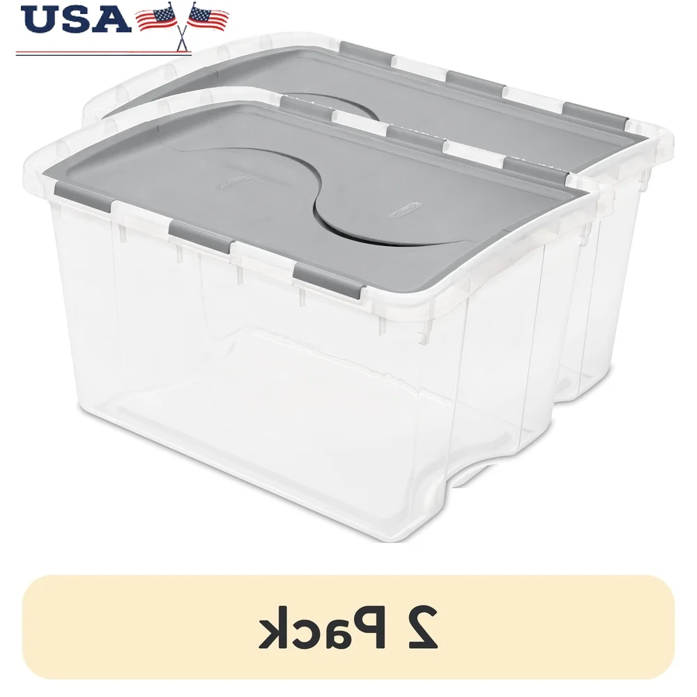 

2 Pack 48 Qt Hinged Lid Storage Box Clear Base Stackable Plastic Container Home Organization Garage Clothing Supplies