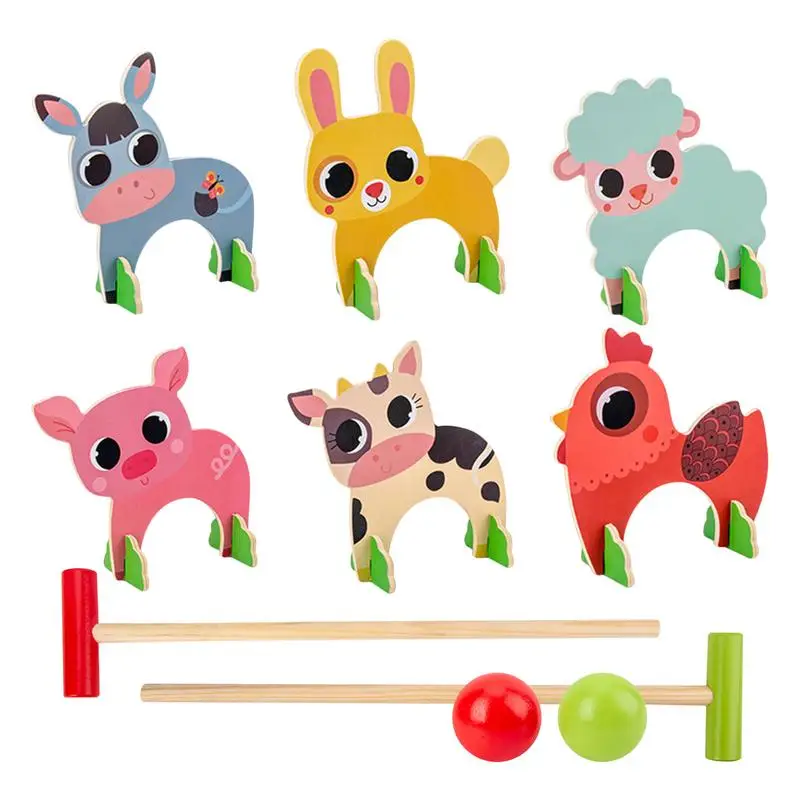 New Kids Toys Croquet Game Set Jungle Animal Croquet Game Set Outdoor Golf Game Wooden Cartoon Animal Croquet Game Outdoor Toys