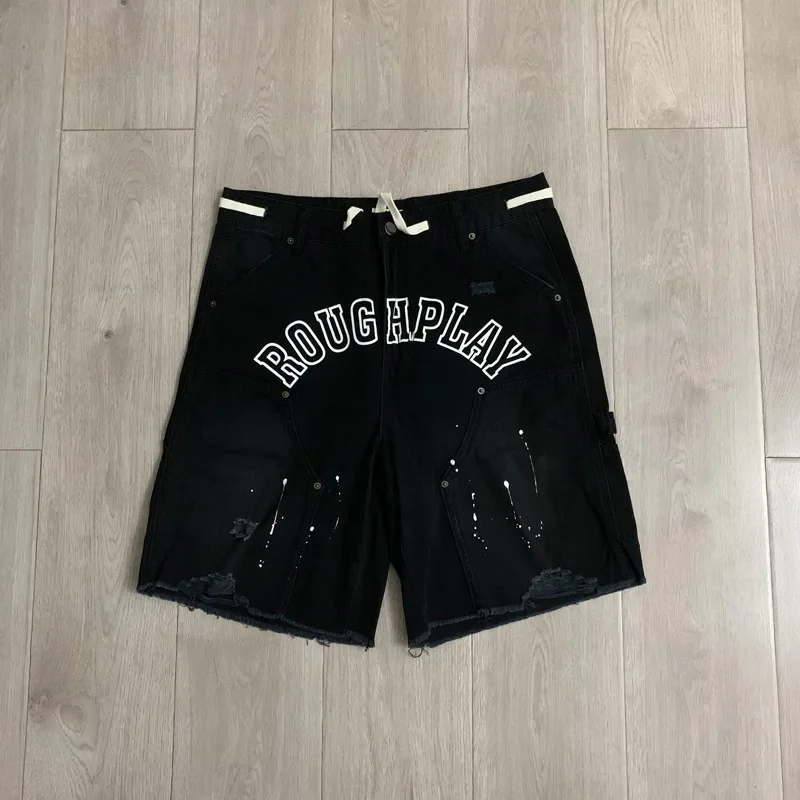 New Men Roughplay Denim Shorts Paint Splash Destroyed Multi Pocket Loose Streetwear Quality Shorts Stock