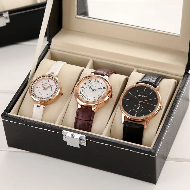 VANSIHO Multiple Slots Luxury Black Color PU Leather Jewelry Watch Display Cases Boxes Beige Inner For Home