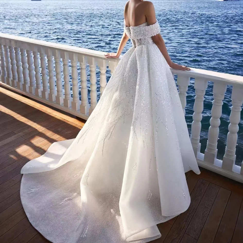 Graceful White Wedding Dresses Exquisite Sequined Off the Shoulder Chapel Train Princess Women Gowns Bridal Dress Vestidos 2024