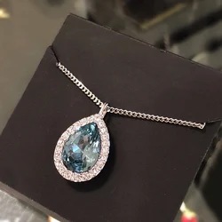 Huitan Charming Drop Shaped Pendant Necklace Bright Blue Zirconia Jewelry for Anniversary Party Fashion Lady Wedding Jewelry