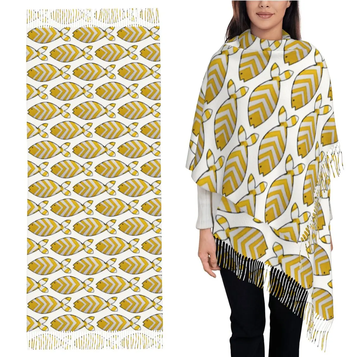 

Грайливый желтый зигзагообразный шарф с рыбой, шарфы с кисточками, женские мягкие теплые шали и накидки, длинная осенне-зимняя шаль