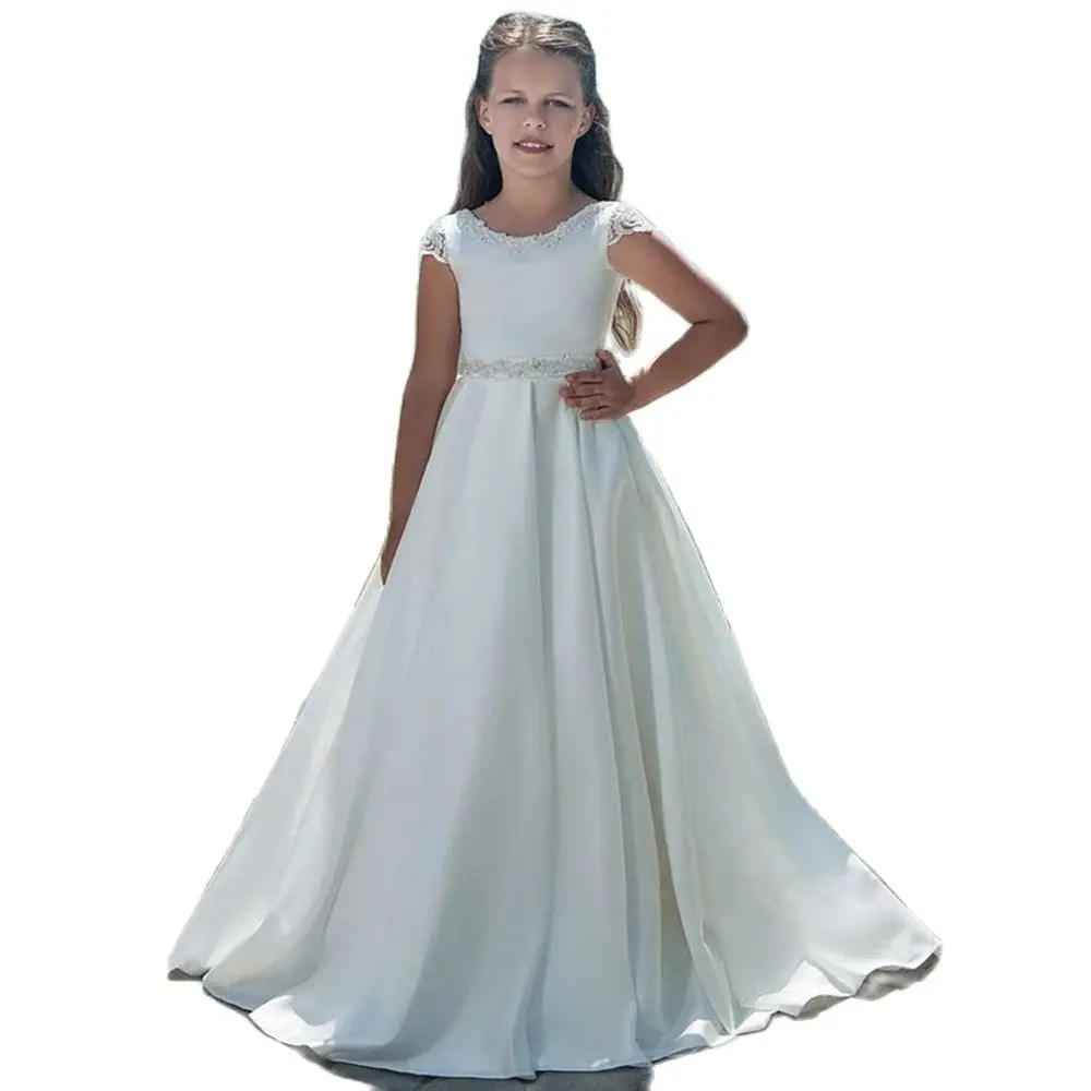 

Cap Sleeve Flower Girl Dresses For Weddings A-line Tulle Lace Appliques Pearls Long First Communion Dresses for Little Girl