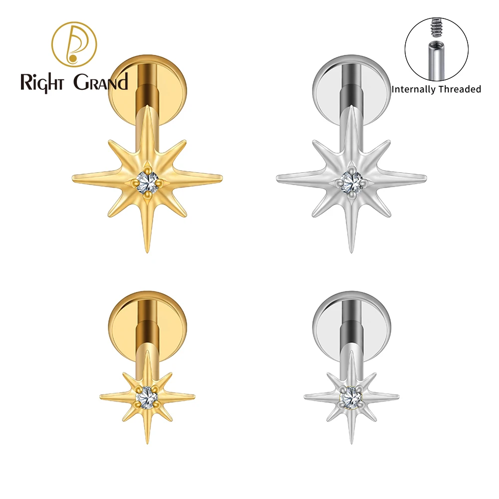 Right Grand ASTM F136 Titanium CZ North Star Flat Back Earring 16G Tiny Starburst Helix Cartilage Stud Dainty Earlobe Mesusa Labret Lip Stud Piercing Jewelry