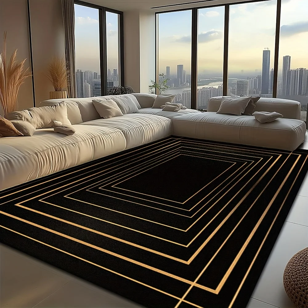 Elegant Classic Floor Rug Navy Blue Gold Greek Key Geometric Border Stylish Decor Area Rug for Indoor Living Space Home  Mat