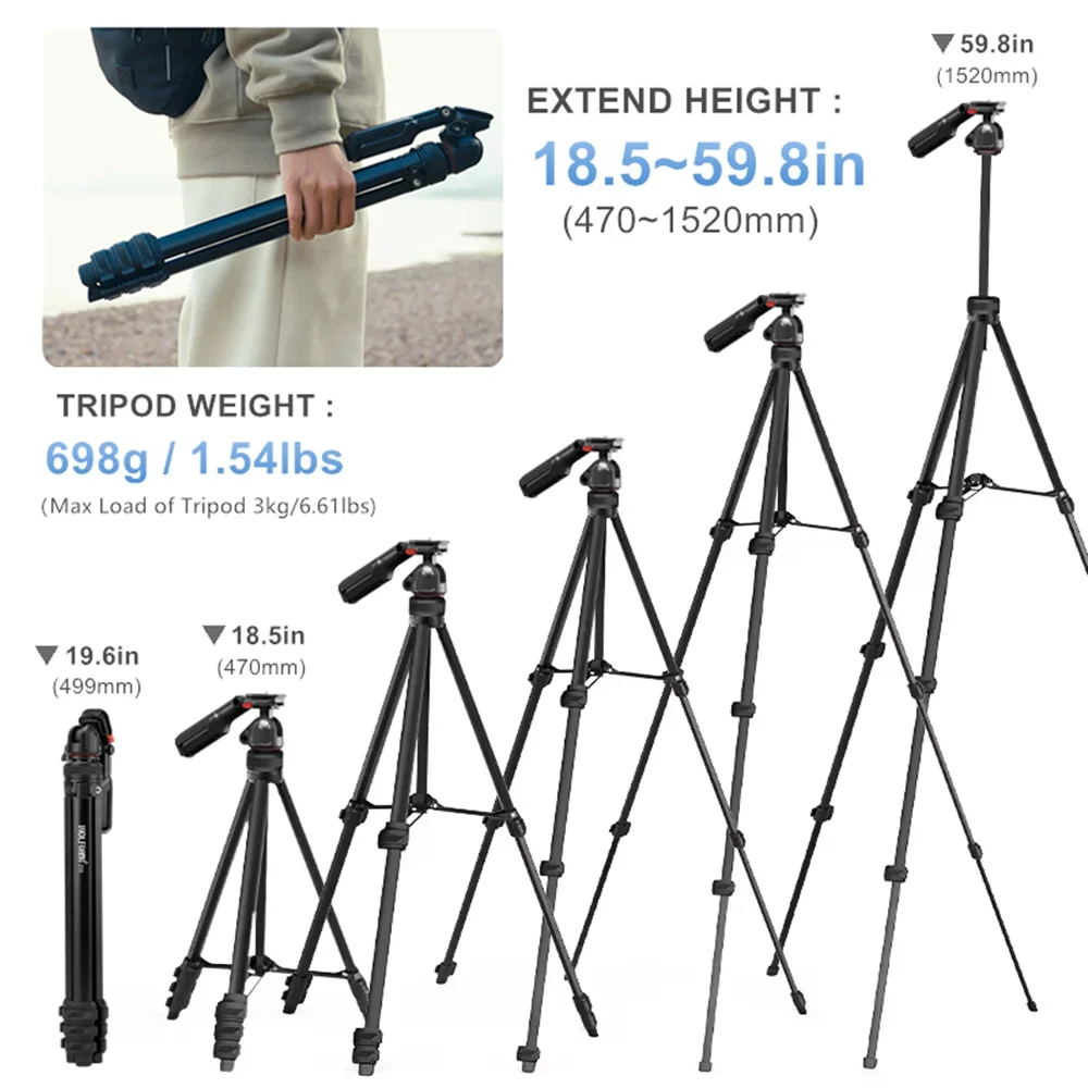 Trípode de aleación de aluminio para cámara profesional portátil de 59,84 pulgadas/152cm de alto con abrazadera para teléfono Control remoto para Canon Nikon SLR GoPro