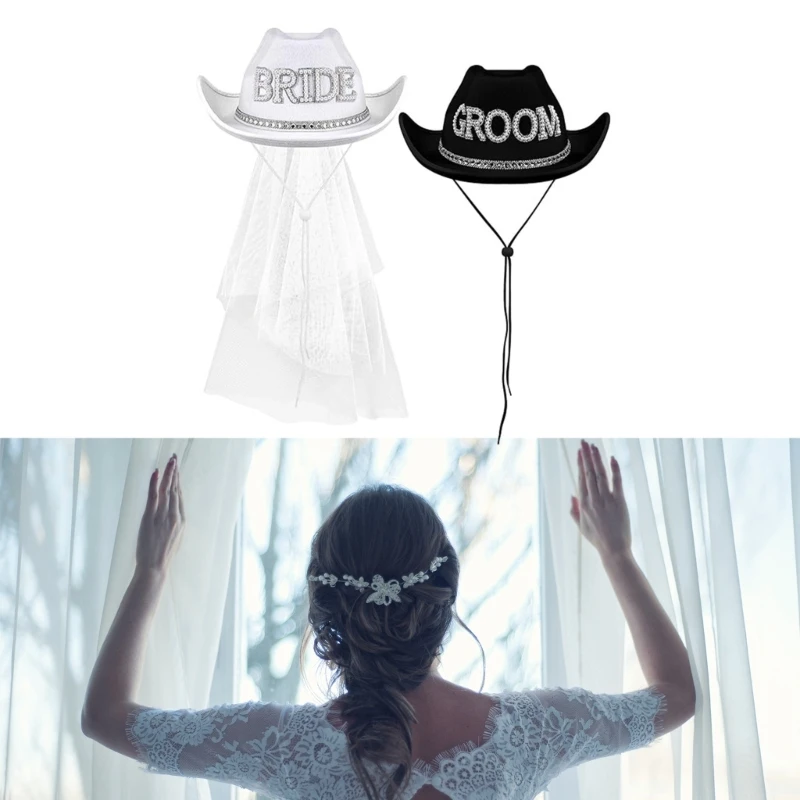 

Bride Hat Elegant Veil Cowgirl Hat Encrusted Rhinestones Delicate BRIDE Diamond-studded Hand Beading Hat