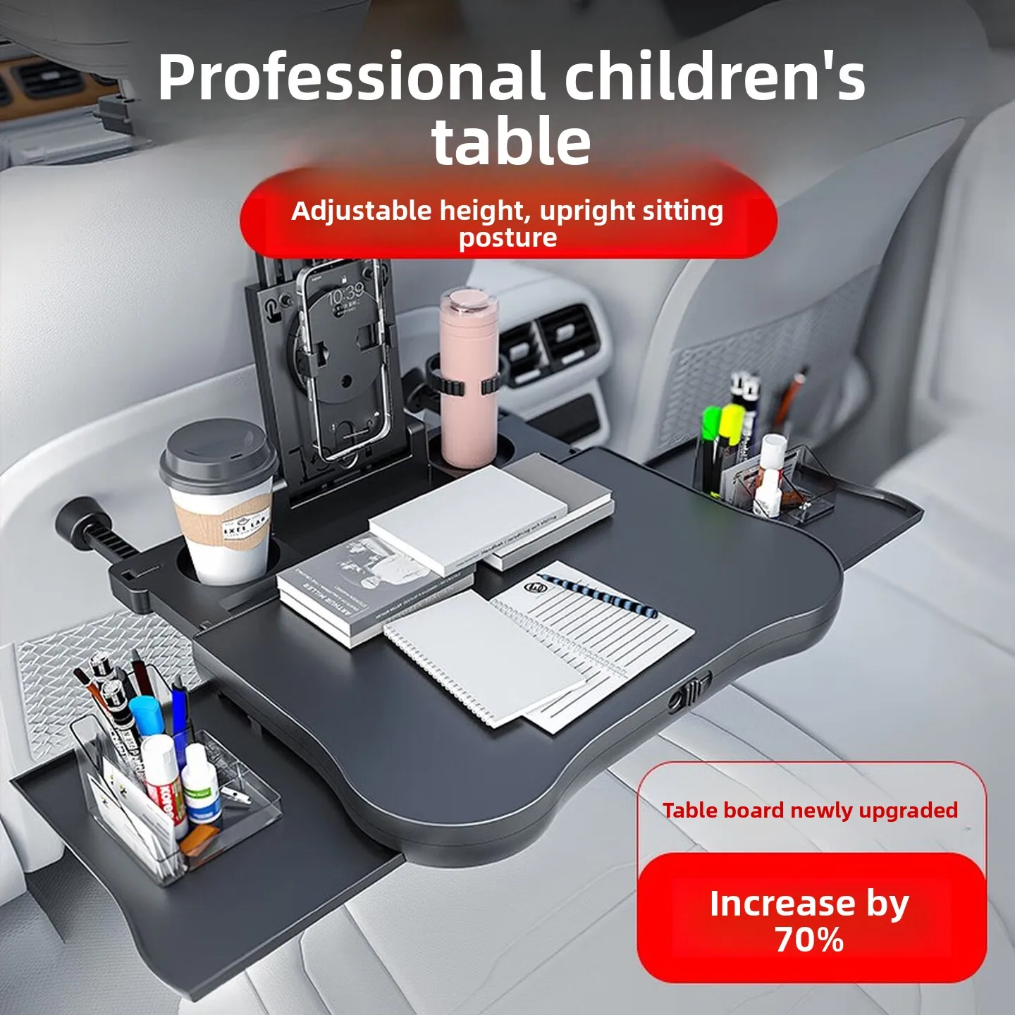 Height Adjustable Car Back Seat Tray Table with Extra Large Pull Out Drawer Non Slip Mat Folding Laptop Desk for Passenger Use