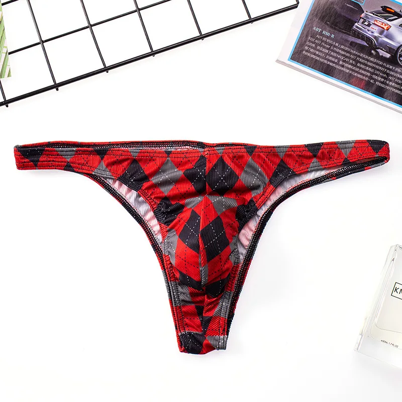 Men Underwear Grid Sexy Briefs U Convex Thong String Bulge Pouch Breathable Panties Male Underpants Intimates Bikini Male