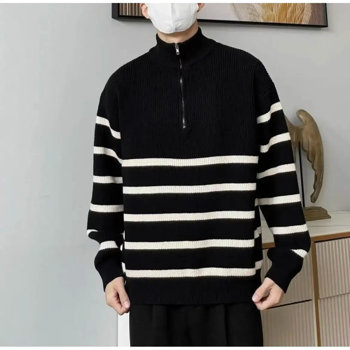 American Sle f fermeture éclair col montant pull tricoté hommes rayure mince longue Sve sweat à capuche f col haut pardessus