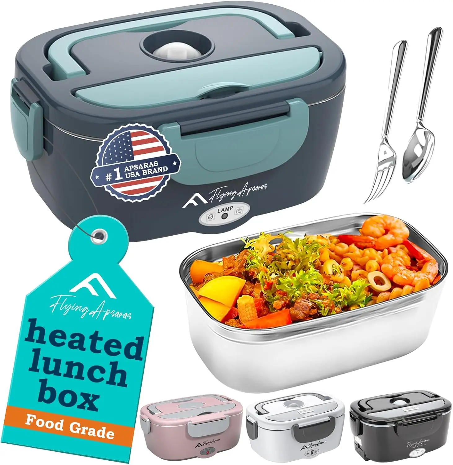 صندوق غداء كهربائي من APSARAS بقدرة 60-80 وات، 3 في 1 لتدفئة الطعام المحمولة للسيارة/المكتب، 12 فولت/24 فولت/110 فولت، يتضمن شوكة SS وحقيبة معزولة (Gre) #1
