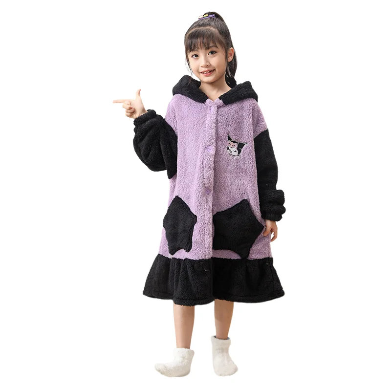 Kuromi Sanrios Pajamas Girl Kawaii Cartoon Autumn Winter Flannel Thicken Child Nightgown Coral Fleece Bathrobe Lounge Clothes