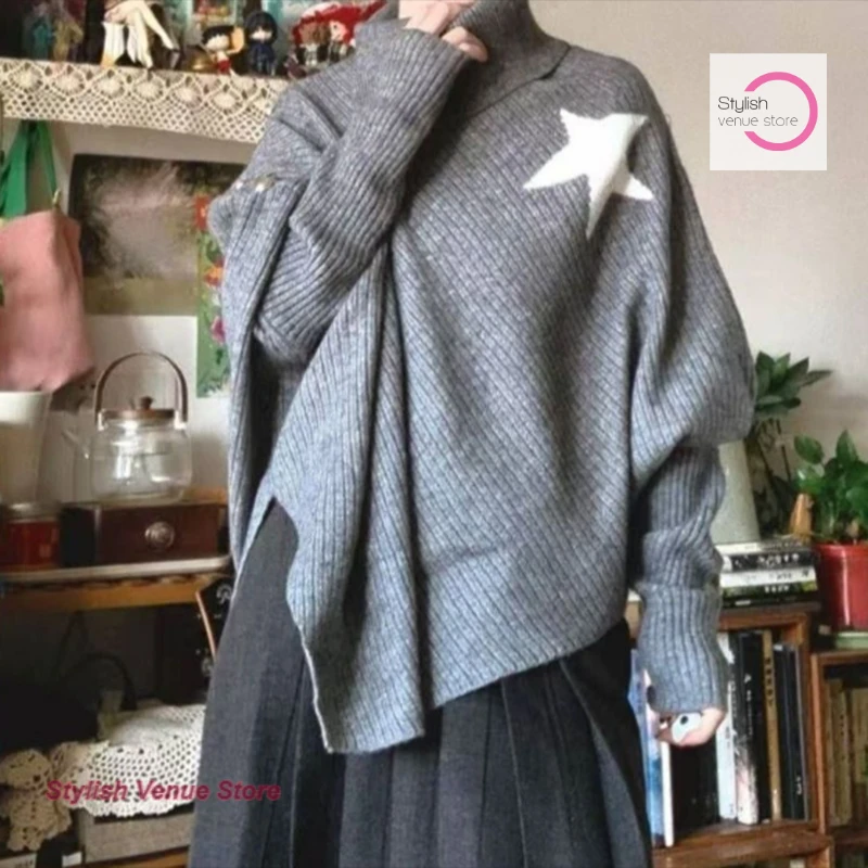 

Korean grey turtleneck cloak sweater women's autumn and winter new fashion design lazy wind temperament irregular star sweater