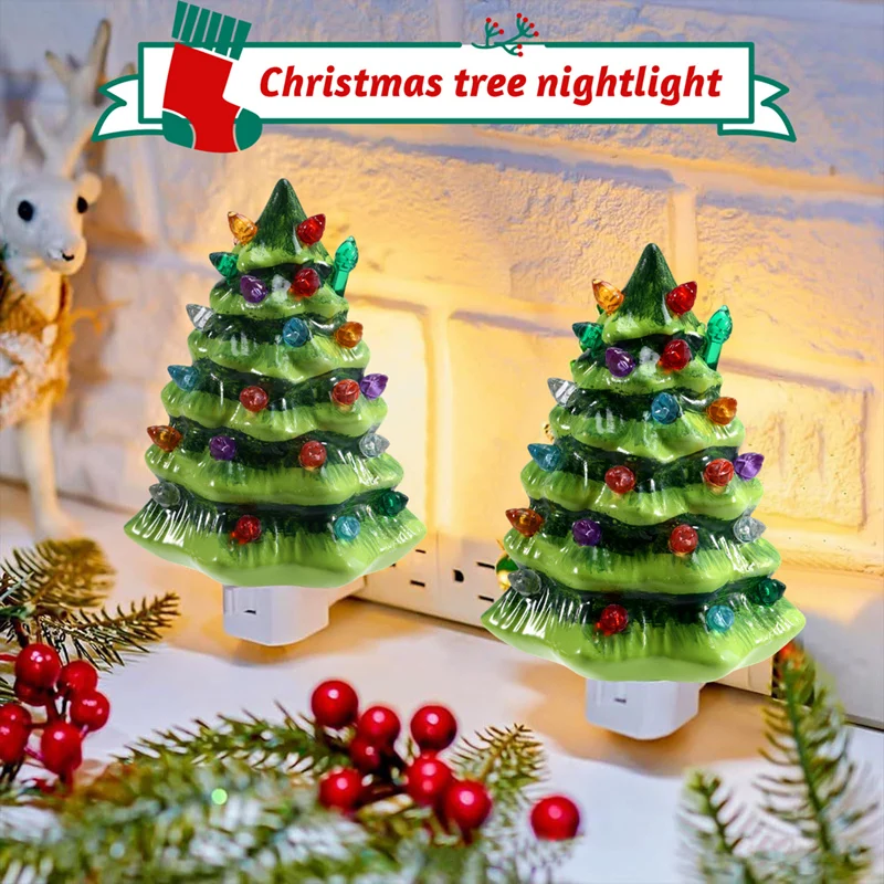 

AS94-Resin Christmas Tree Night Light,Vintage Green Christmas Tree Wall Plug In Night Light, Painted Tree Nightlight US Plug