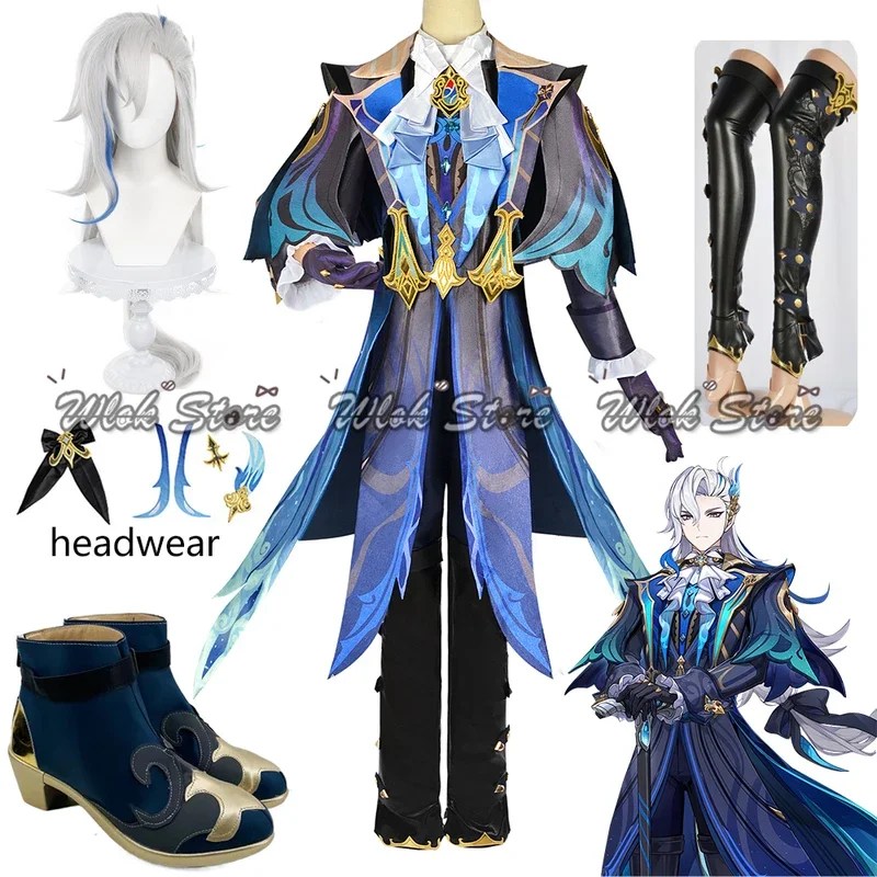 Genshin Impact Neuvillette Cosplay Costume with Leg Cover Fontaine Chief Justice Uniform Wig Boots Halloween Carnival Clothes