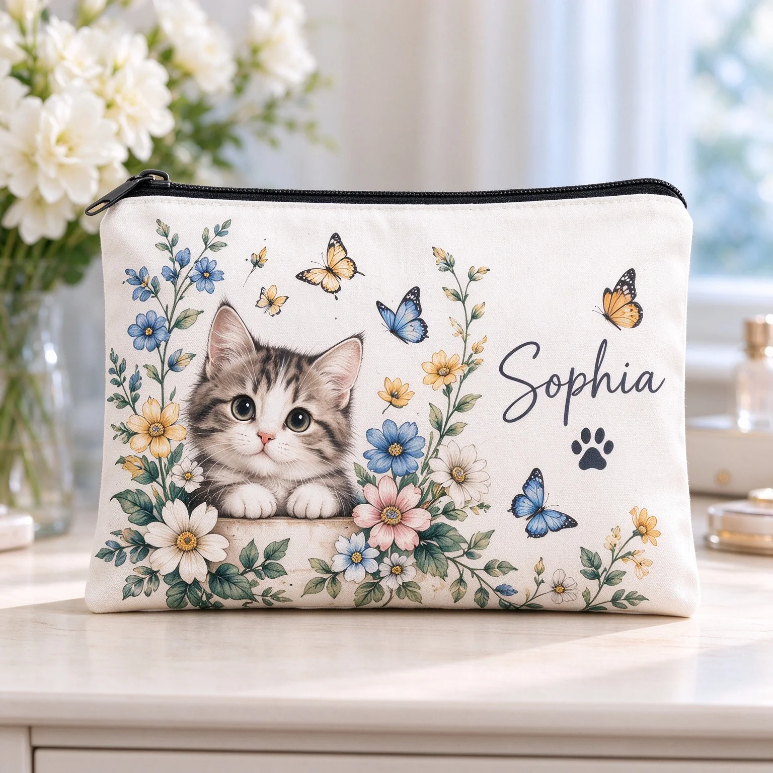 Personalized Name Canvas Zipper Pouch Custom Cat Wildflower Butterfly Makeup Bag Gift For Cat Lovers Cute Stationery Storage Bag