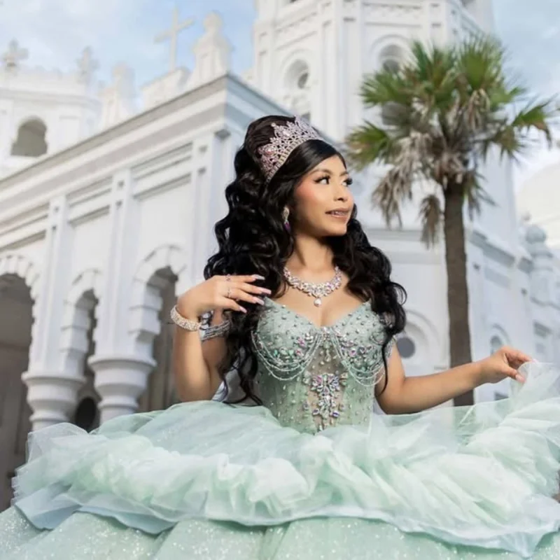 

Блестящее мятно-зеленое платье Quinceanera с открытыми плечами и кристаллами, кружевное многослойное платье с длинным хвостом и бантом, Vestidos De 15, Quinceanera ﻿ Настроить