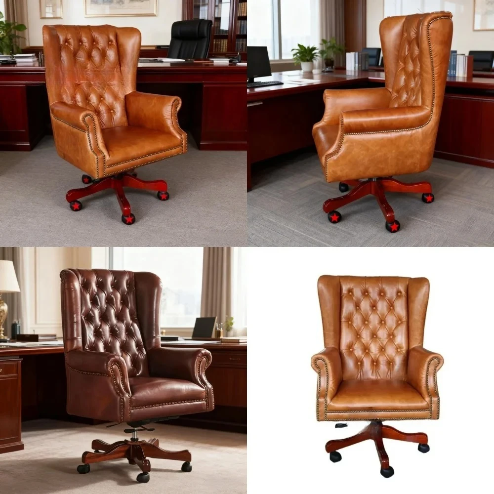 

Wood Leather Office Chair for American Furniture Retro Vintage Brown Genuine Leather Executive Chair with Wooden Base