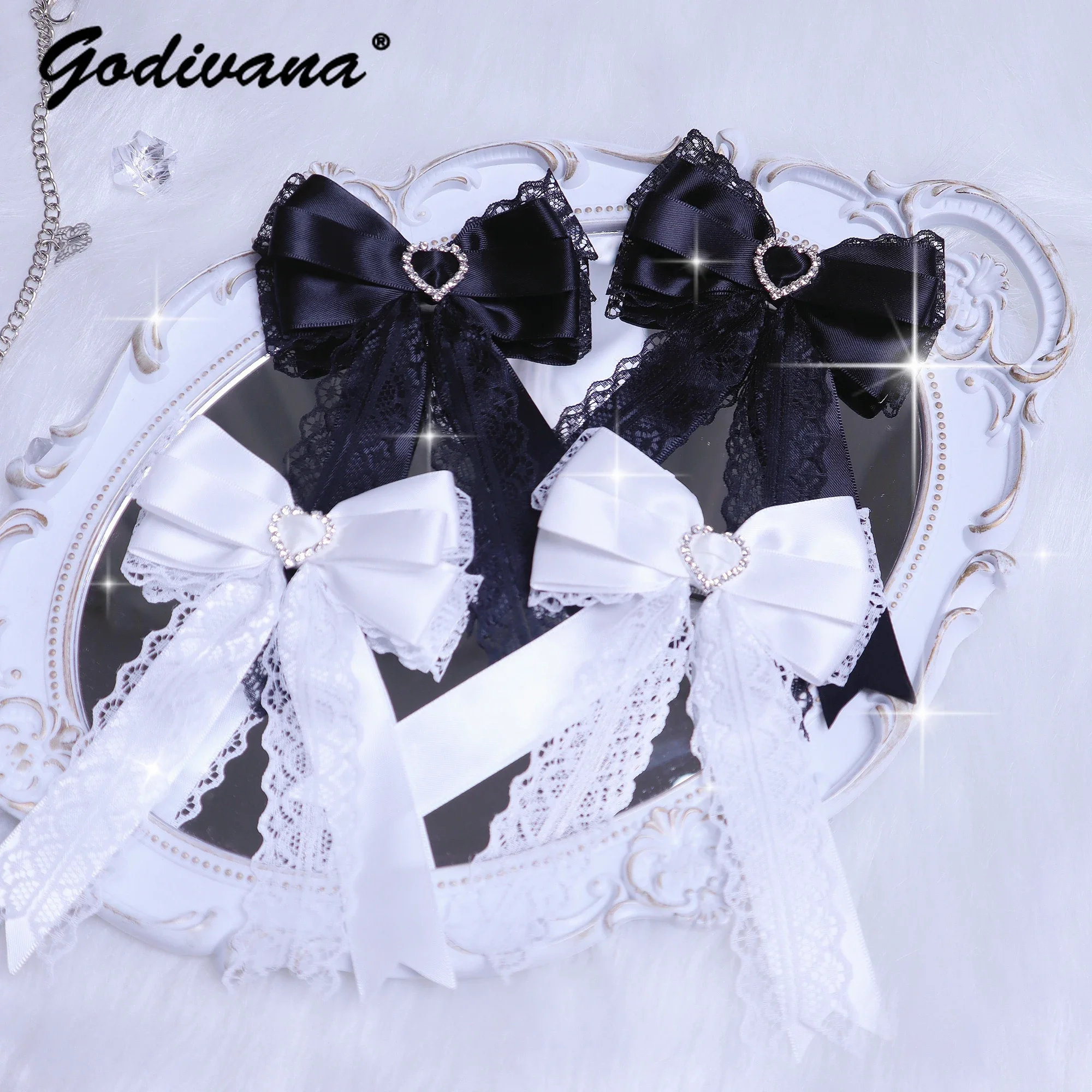 

Mine Series Handmade Pure White and Black Heart Shape Rhinestone Bow Lolita Hair Clips Japanese Girls Hair Accessories Barrettes