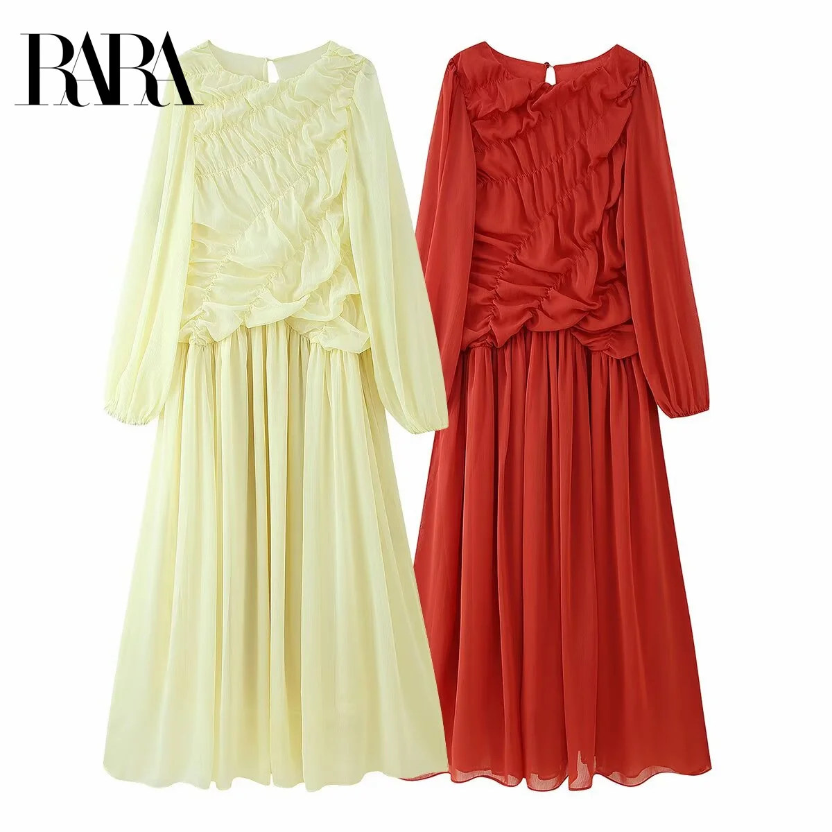 

RARA2025 new summer women's casual fashion temperament round neck long sleeve pull net pleated loose long dress