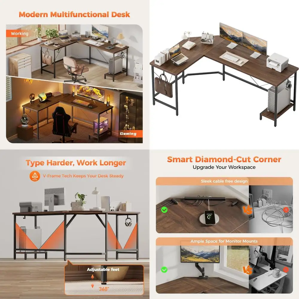 

50-дюймовый L-образный игровой стол с подставкой для процессора и крючками, отделкой из орехового дерева для дома, спальни и офиса