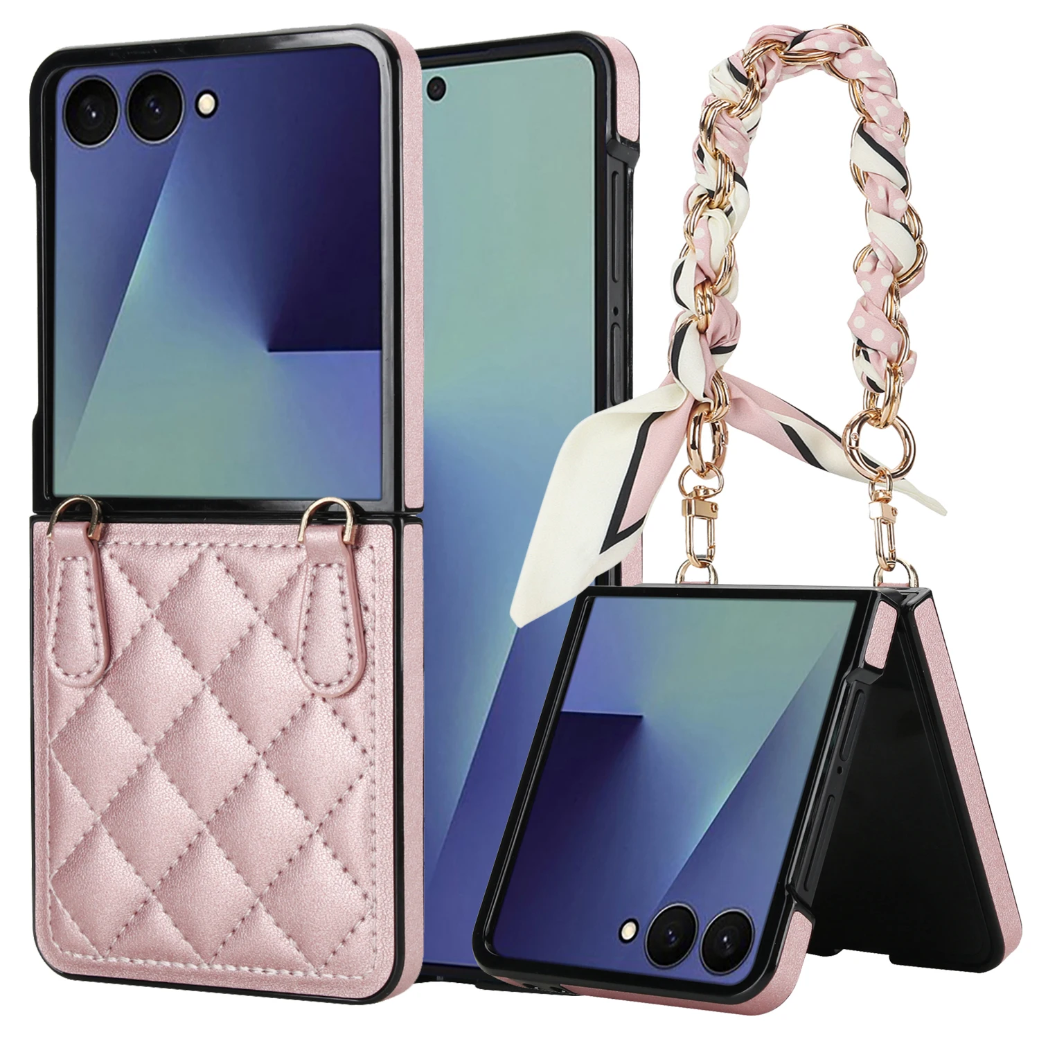 

Luxry Korean Style PU Leather Phone Case For Samsung Galaxy Z Flip 7 6 5 4 3 5G Shockproof Protect Cover With Silk Scarf Chain
